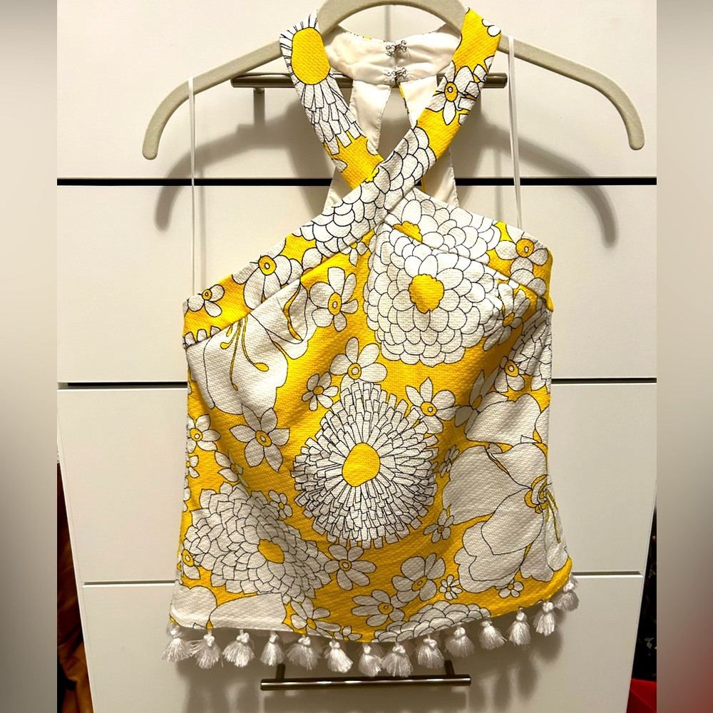 Trina Turk halter top with fringe detail, in happy yellow